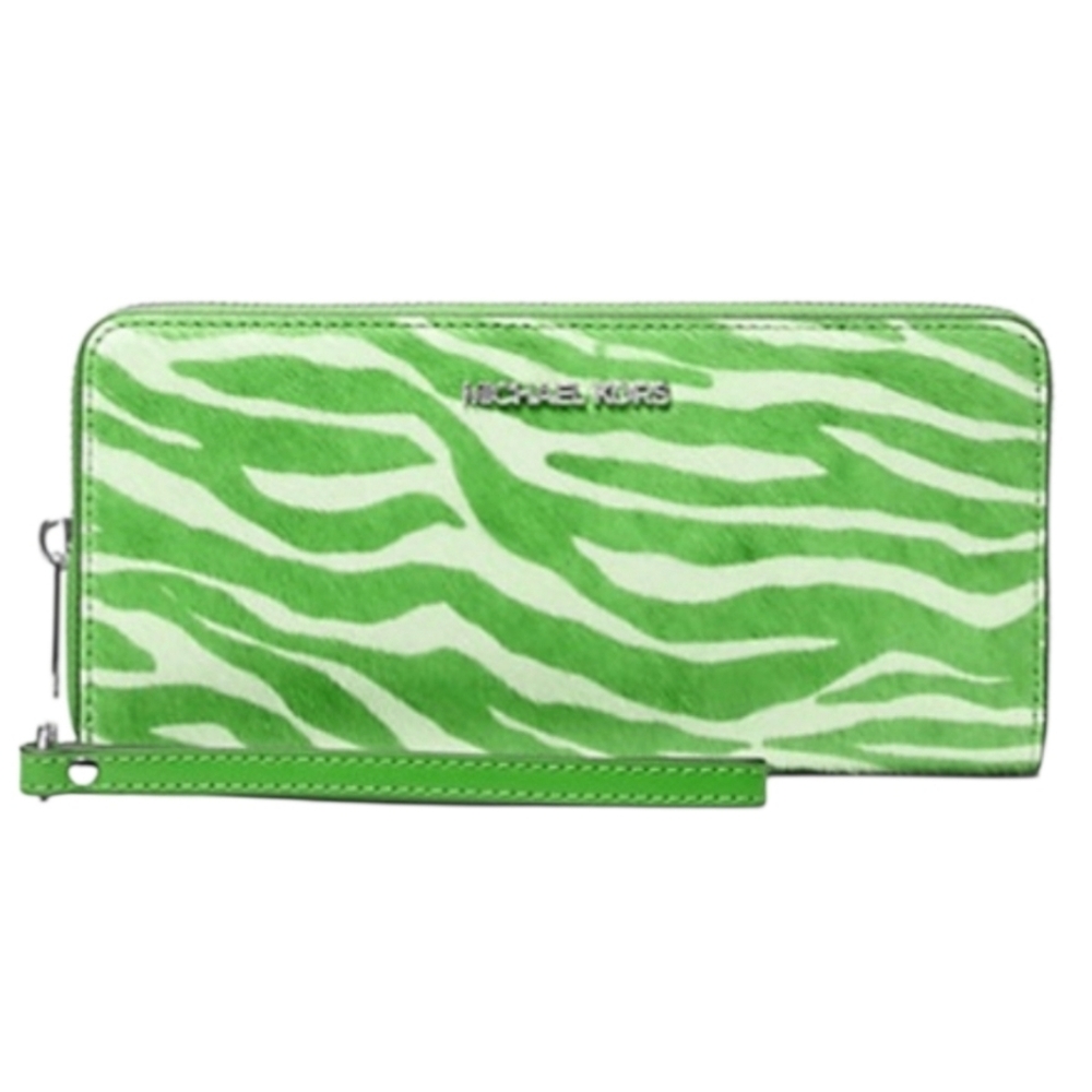 NWT MICHAEL KORS Jungle Green Vert Jet Set Travel Zebra Print Calf Hair Wallet